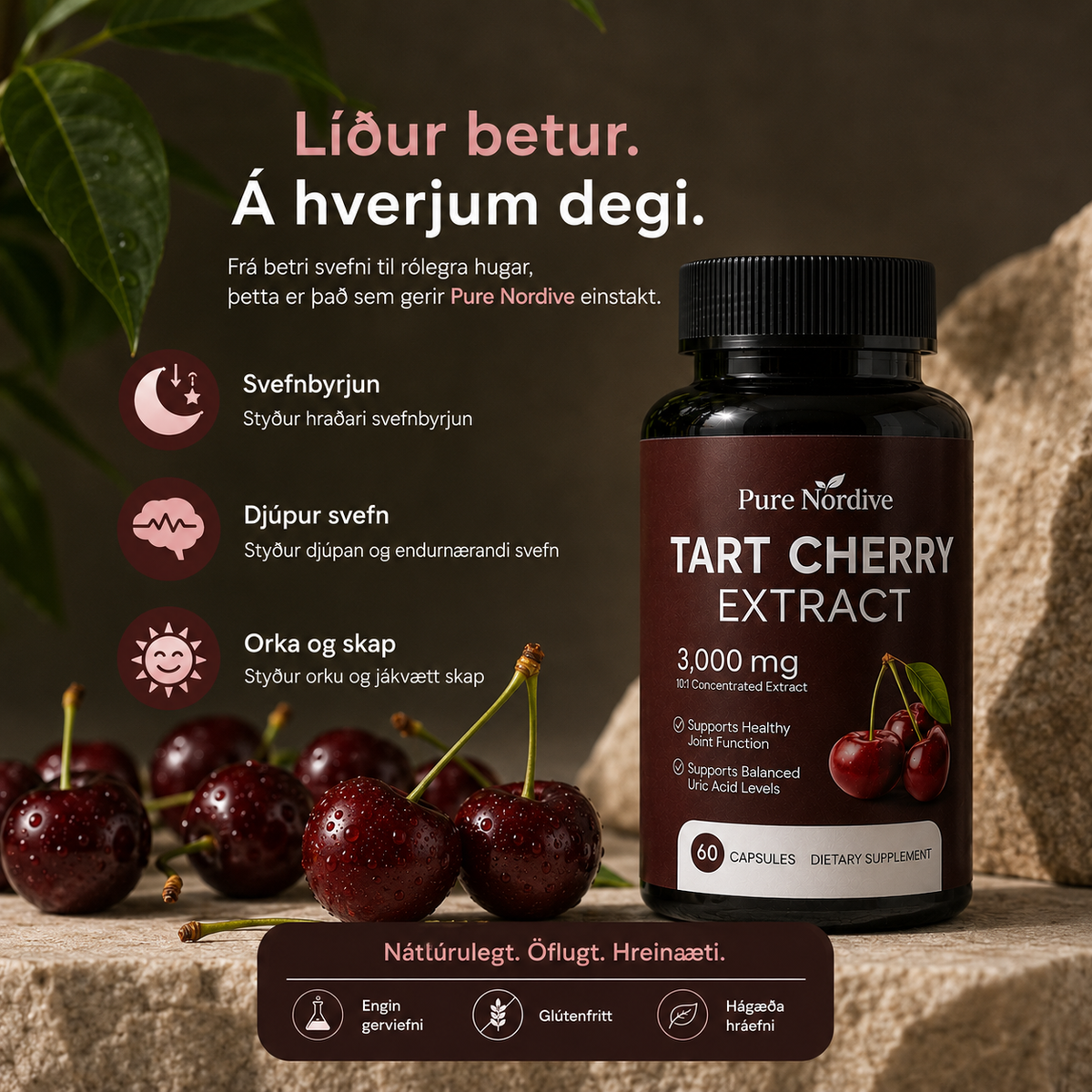 Pure Nordive Tart Cherry Extract og súrkirsuber