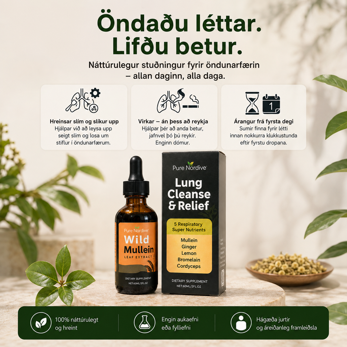 Pure Nordive Wild Mullein Drops flaska og askja